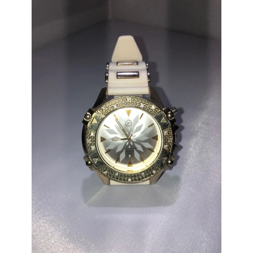 Techno Pave Gold Tone Crystal Bezel White Silicone Strap Watch 8128-7L